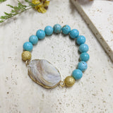 Gold Titanium AB White Galaxy Druzy Quartz Stretch Bracelet, 10mm Blue Howlite Beads Bracelet, Boho Jewelry AL716