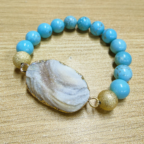 Gold Titanium AB White Galaxy Druzy Quartz Stretch Bracelet, 10mm Blue Howlite Beads Bracelet, Boho Jewelry AL716