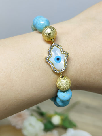 Gold Evil Eye Hamsa Palm White Shell Stretch Bracelet, CZ Micro Pave, 10mm Blue Howlite Turquoise Beads, Boho Jewelry AL730