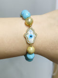 Gold Evil Eye Hamsa Palm White Shell Stretch Bracelet, CZ Micro Pave, 10mm Blue Howlite Turquoise Beads, Boho Jewelry AL730