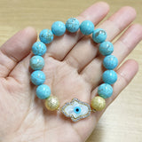 Gold Evil Eye Hamsa Palm White Shell Stretch Bracelet, CZ Micro Pave, 10mm Blue Howlite Turquoise Beads, Boho Jewelry AL730
