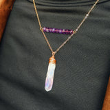 16" Gold Wire Wrapped Titanium AB White Raw Crystal Point Y Chain Necklace, Amethyst Beads Handmade Jewelry Necklace AL1183