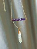 16" Gold Wire Wrapped Titanium AB White Raw Crystal Point Y Chain Necklace, Amethyst Beads Handmade Jewelry Necklace AL1183