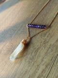 16" Gold Wire Wrapped Titanium AB White Raw Crystal Point Y Chain Necklace, Amethyst Beads Handmade Jewelry Necklace AL1183