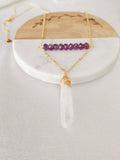 16" Gold Wire Wrapped Titanium AB White Raw Crystal Point Y Chain Necklace, Amethyst Beads Handmade Jewelry Necklace AL1183