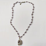 22" Silver Agate Druzy Slice Pendant Necklace, Amethyst Beaded Rosary Necklace, Boho Jewelry HD0235-2