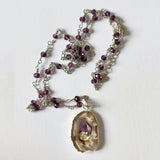 22" Silver Agate Druzy Slice Pendant Necklace, Amethyst Beaded Rosary Necklace, Boho Jewelry HD0235-2