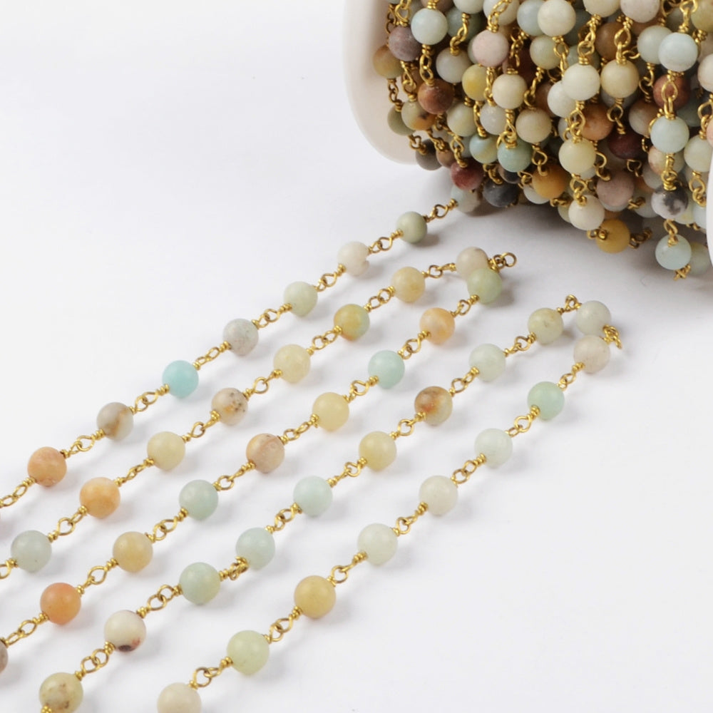 16 feet/lot Gold Plated Brass Natural Amazonite Stone Beads Rosary Chain, Making Jewelry Finding JT225