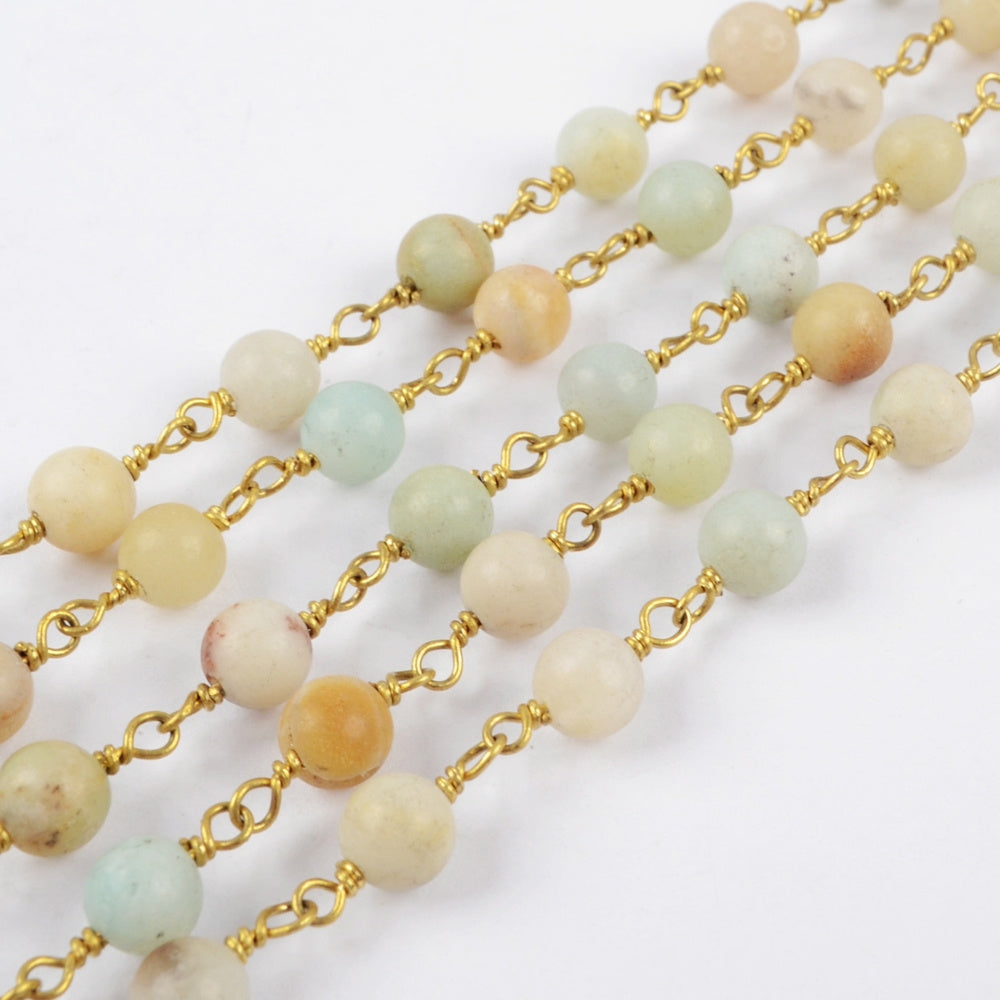 16 feet/lot Gold Plated Brass Natural Amazonite Stone Beads Rosary Chain, Making Jewelry Finding JT225