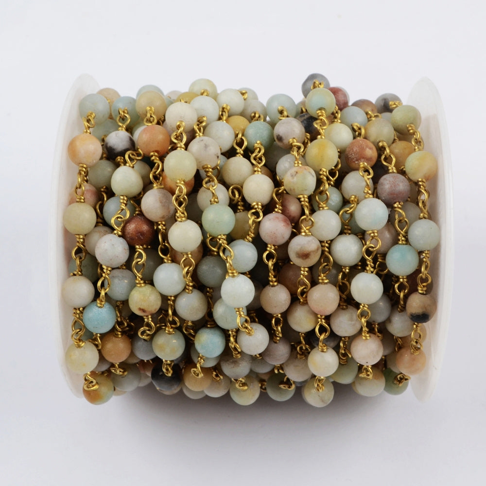 16 feet/lot Gold Plated Brass Natural Amazonite Stone Beads Rosary Chain, Making Jewelry Finding JT225