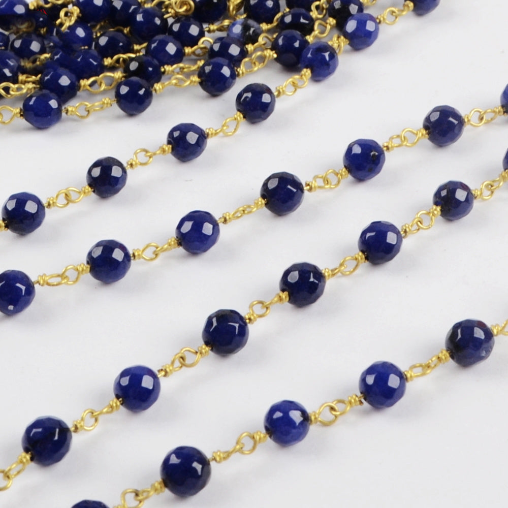 16 feet of Gold Plated Brass Dark Blue Agate 6mm Facted Beads Rosary Chain, Making Jewelry Finding JT229