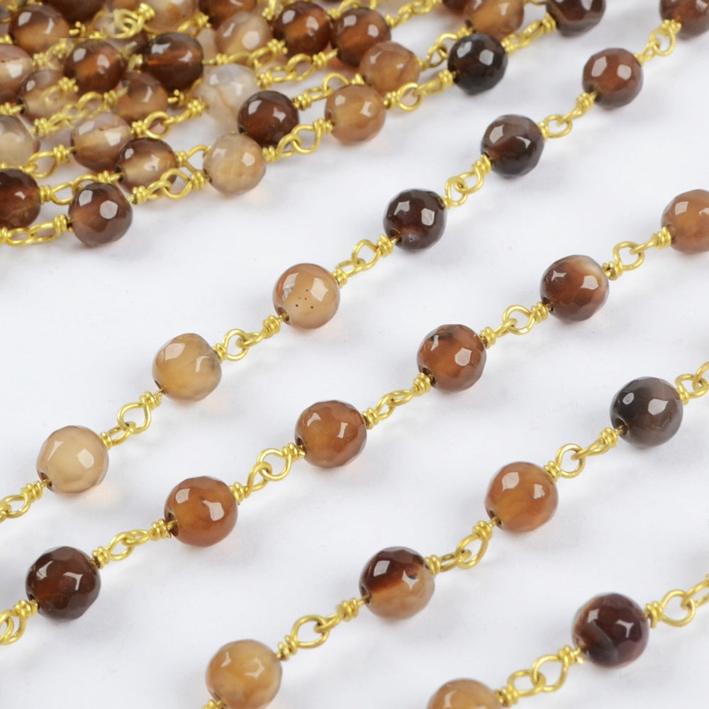 16 feet/lot Gold Plated Brass Natural Onyx Agate 6mm Faceted Beads Rosary Chain, Making Jewelry Finding JT230