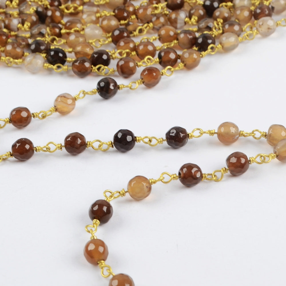 16 feet/lot Gold Plated Brass Natural Onyx Agate 6mm Faceted Beads Rosary Chain, Making Jewelry Finding JT230