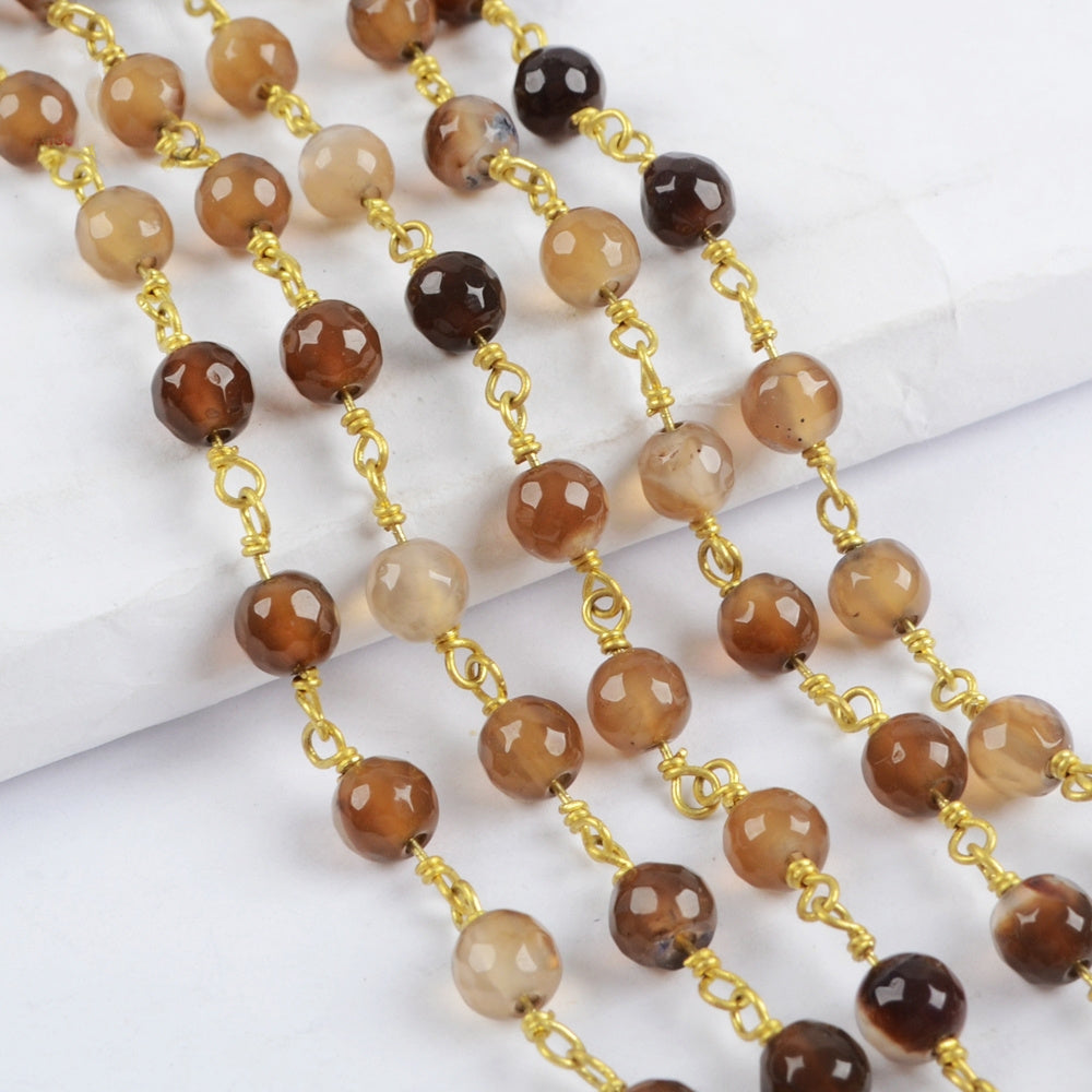16 feet/lot Gold Plated Brass Natural Onyx Agate 6mm Faceted Beads Rosary Chain, Making Jewelry Finding JT230