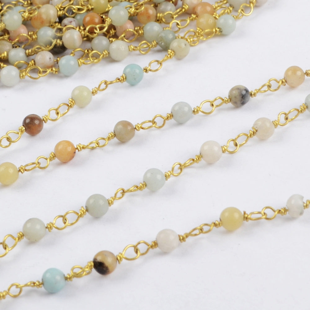 16 feet/lot Gold Plated Brass Natural Amazonite 4mm Stone Beads Rosary Chain, Making Jewelry Finding JT233