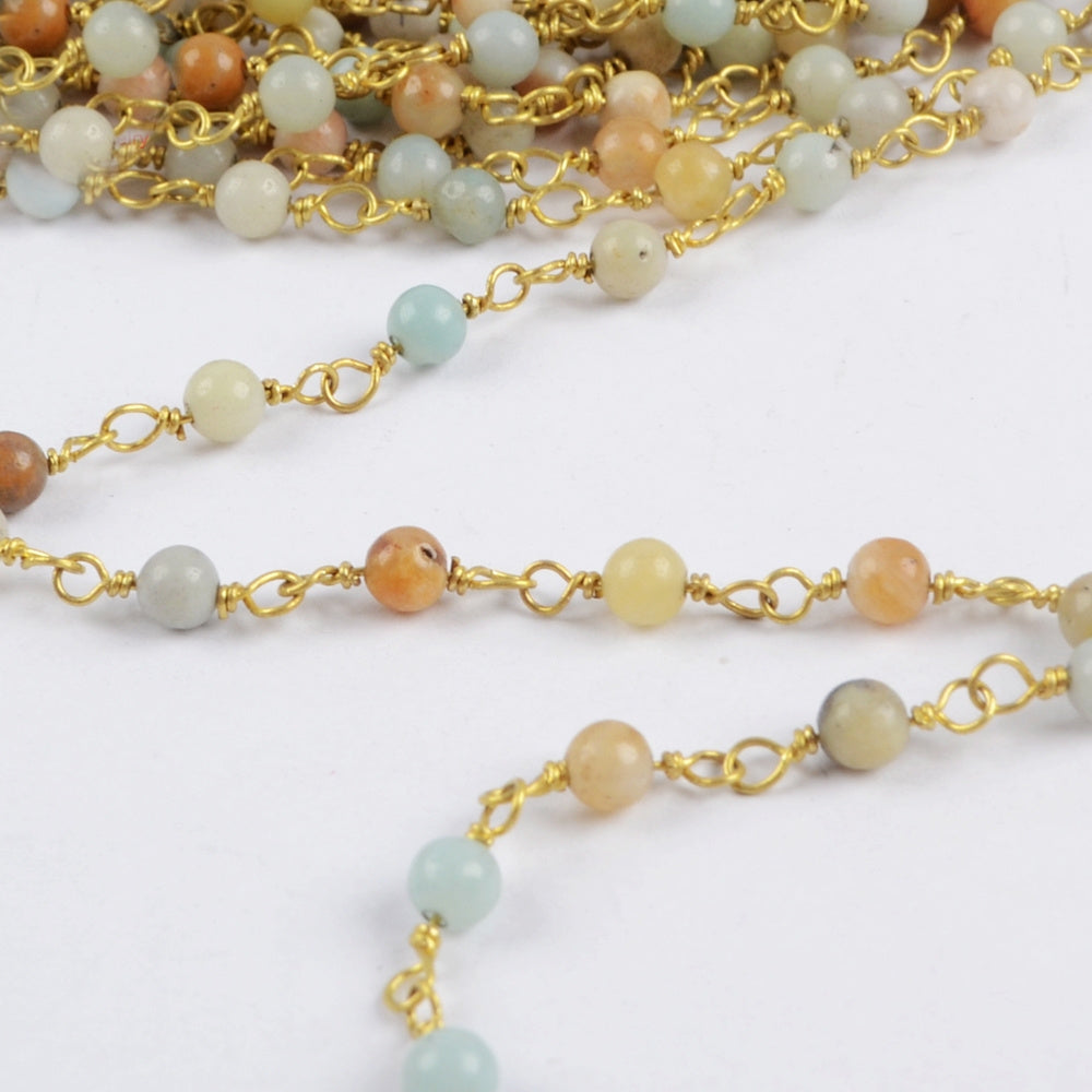 16 feet/lot Gold Plated Brass Natural Amazonite 4mm Stone Beads Rosary Chain, Making Jewelry Finding JT233