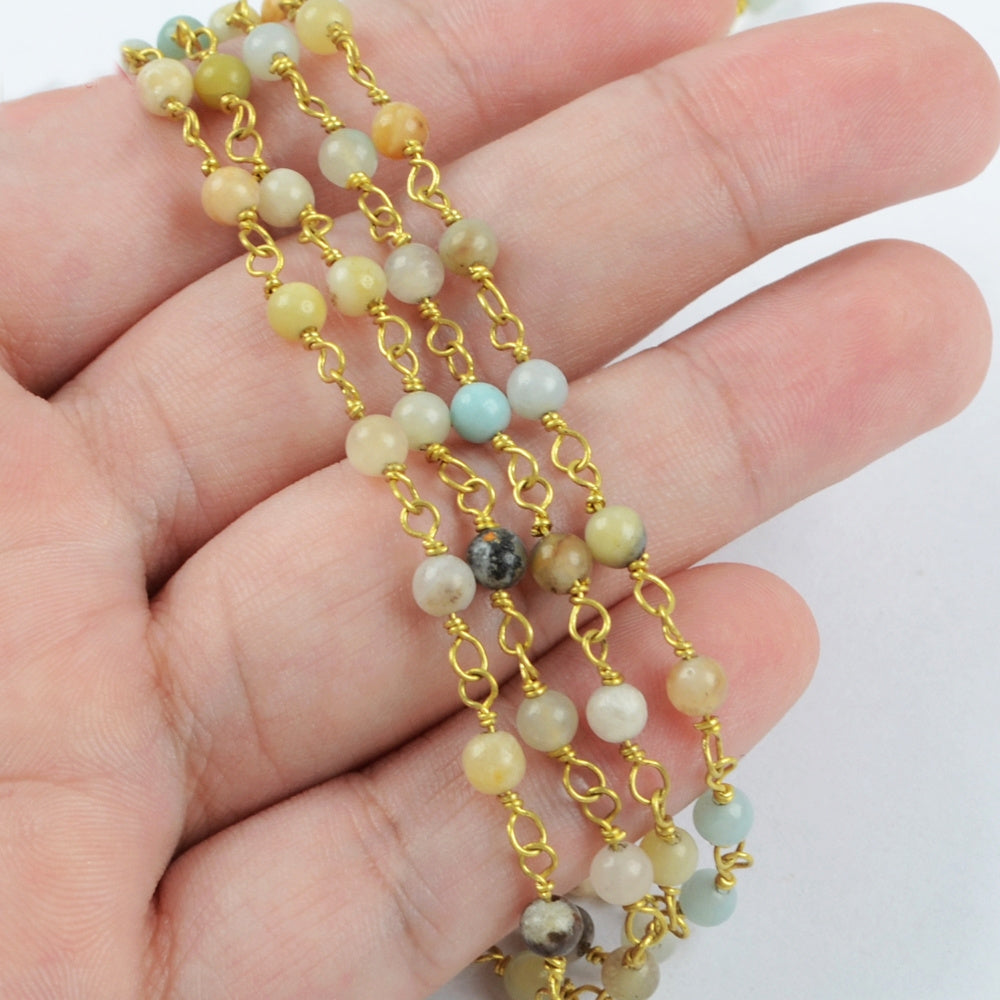16 feet/lot Gold Plated Brass Natural Amazonite 4mm Stone Beads Rosary Chain, Making Jewelry Finding JT233