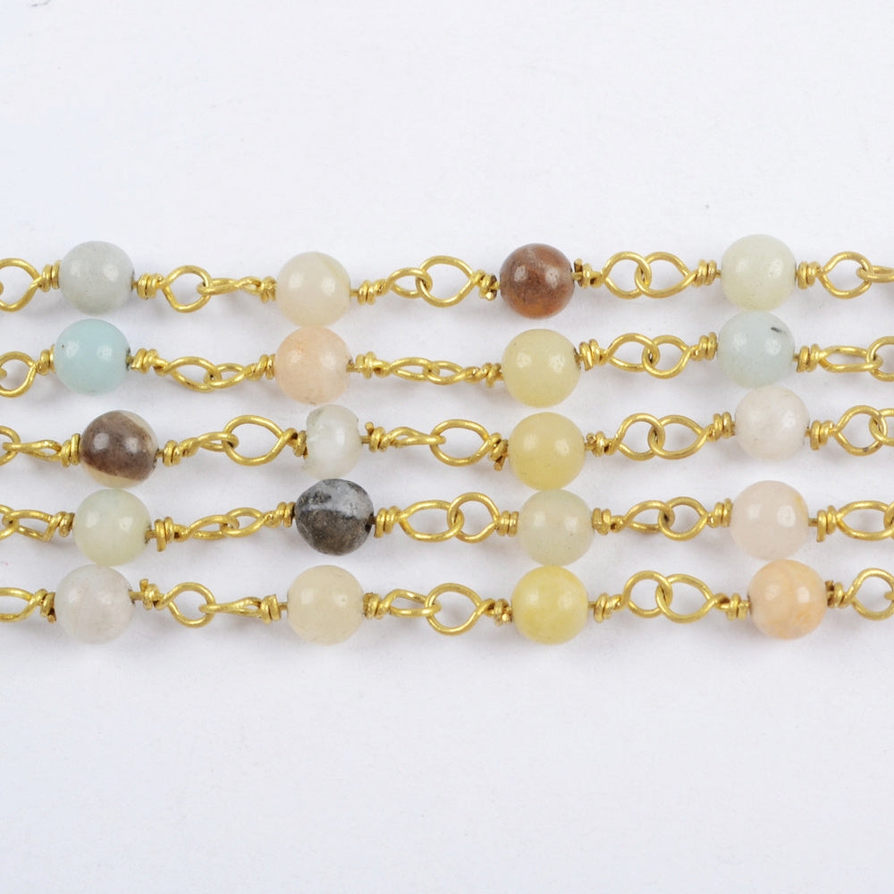 16 feet/lot Gold Plated Brass Natural Amazonite 4mm Stone Beads Rosary Chain, Making Jewelry Finding JT233