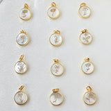Round Gold Plated White Shell Carved Birth Month Flower Pendant, For Jewelry Making KZ009