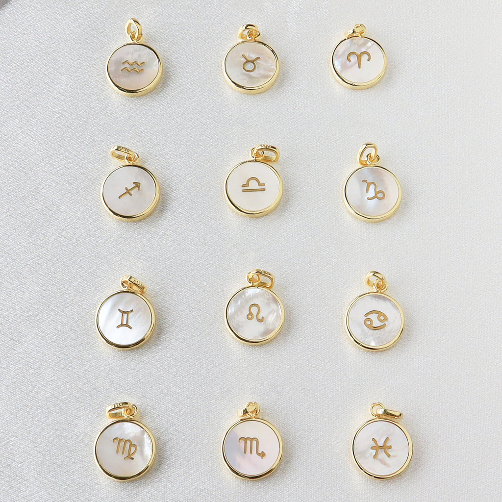 Natural White Shell Zodiac Pendant, Gold Plated, Round Shape, Carved Constellation, Sea Shell Beach Shell Coin Jewelry KZ010