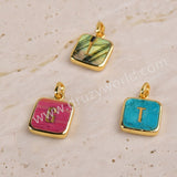 Personalized Gold Plated Bezel Square Turquoise Rainbow Gemstone Letter Pendant, For DIY Jewelry Making KZ012
