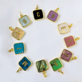 Personalized Gold Plated Bezel Square Turquoise Rainbow Gemstone Letter Pendant, For DIY Jewelry Making KZ012