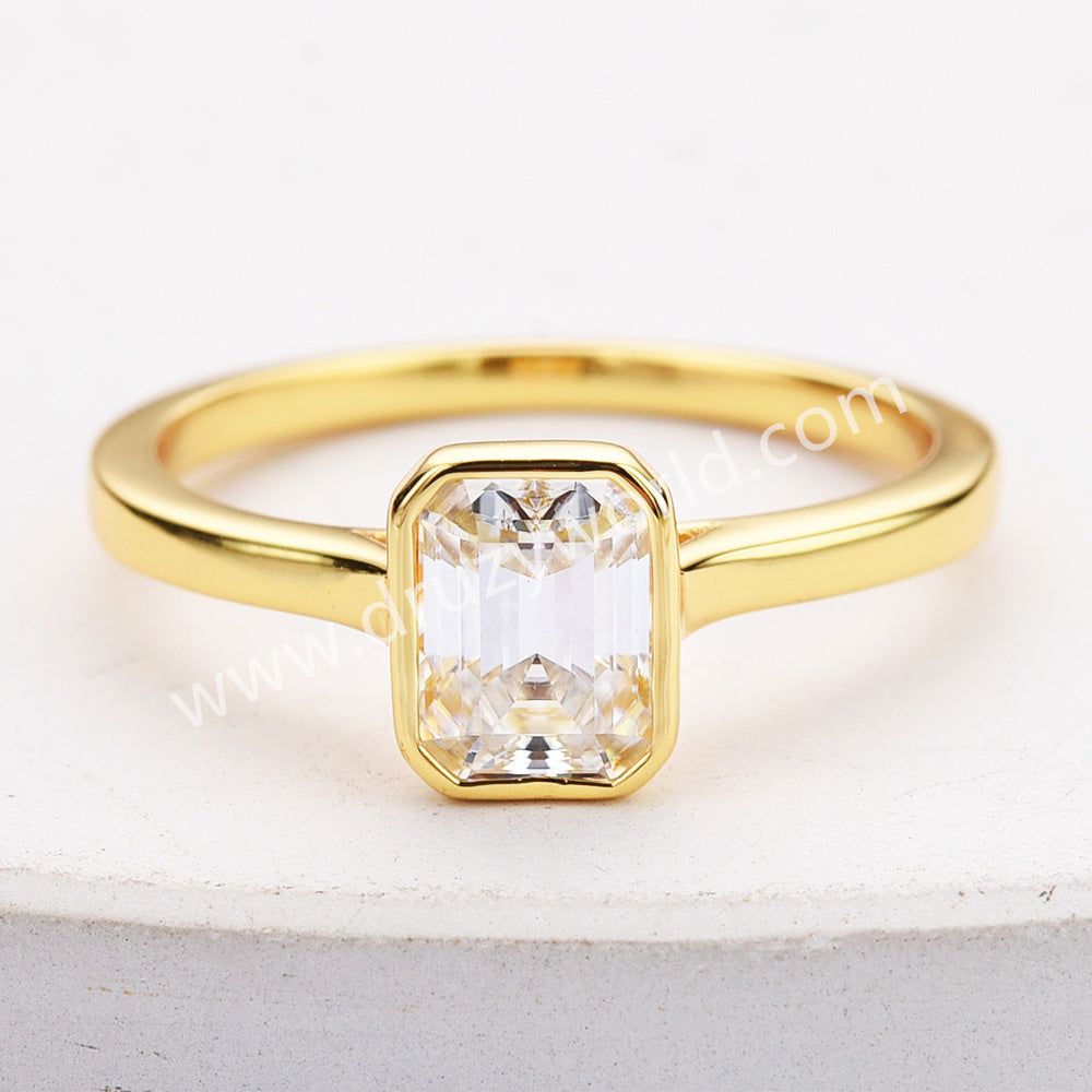 1 CT - Emerald Cut Moissanite Engagement Ring, 925 Sterling Silver Bezel Ring MS001