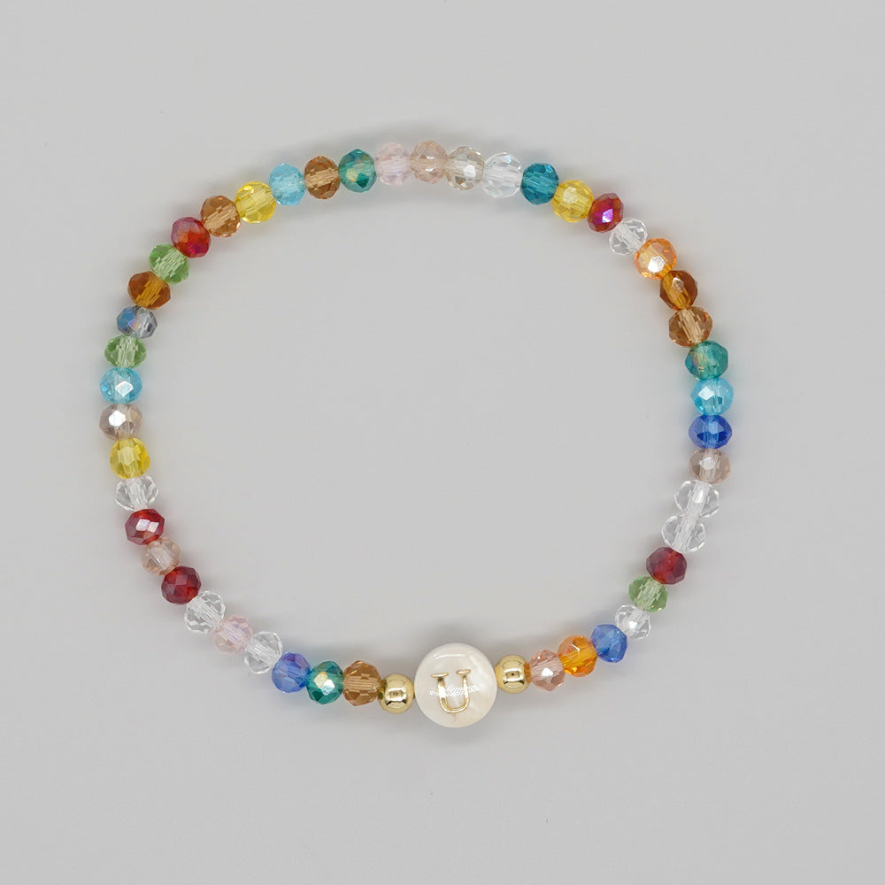 Shambhala Bohemian Rainbow Glass Quartz Beads White Shell Letter Stretch Bracelet, Handmade Boho Jewelry AL743