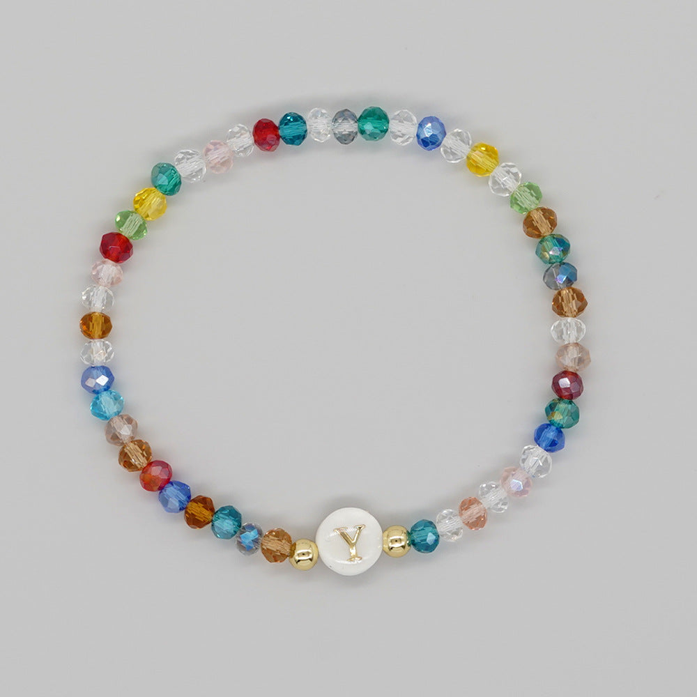 Shambhala Bohemian Rainbow Glass Quartz Beads White Shell Letter Stretch Bracelet, Handmade Boho Jewelry AL743