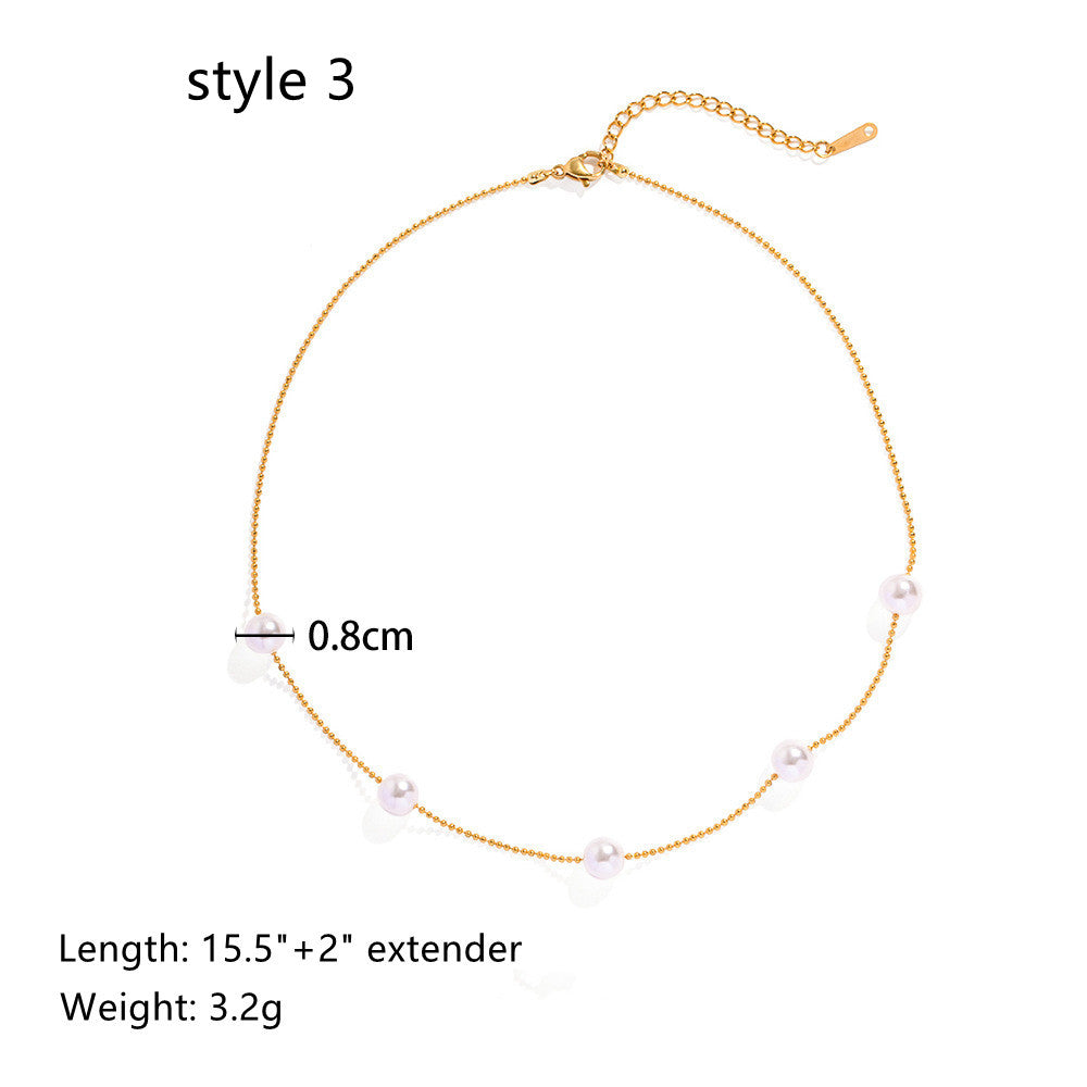 18K Gold Stainless Steel Pearl Necklace, Natural Stone Rosary Chain Necklace Jewelry AL740