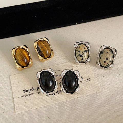 Irregular Gold Plated Oval Tigere's Eye Natural Stone Stud Earrings, Simple Gemstone Jewelry AL800