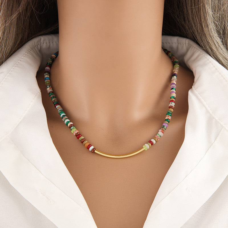 16" Bohemian Multi Natural Stones Beaded Necklace, Gold Tube, Handmade Boho Jewelry AL737