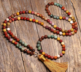 Gradient Color 108 Mala Beads Gemstone Tassel Necklaces, 8mm Rose Quartz Amethyst Lapis Lazuli African Turquoise Beads Bracelet, Handmade Healing Jewelry AL635
