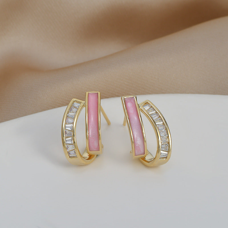 Double Layers Oil Drip CZ Stud Earrings, S925 Sterling Post, Fashion Summer Jewelry AL703