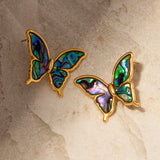 Rainbow Abalone Shell Butterfly Stud Earrings, 18k Gold Titanium Steel Earring Jewelry AL717