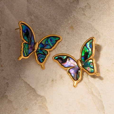 Rainbow Abalone Shell Butterfly Stud Earrings, 18k Gold Titanium Steel Earring Jewelry AL717