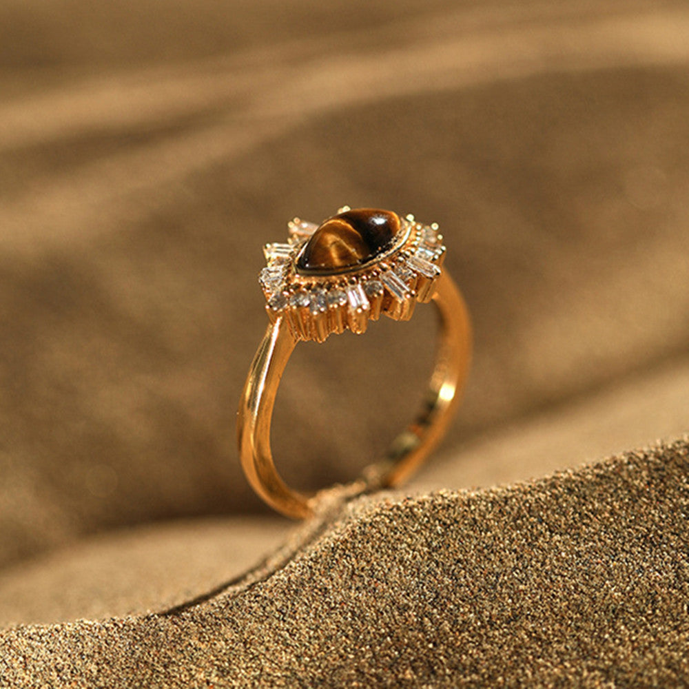 Wind Traveler S925 Silver Gold Tiger's Eye Ring, Dainty Jewelry For Women AL779