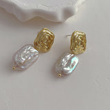 Baroque Rectangle Natural Freshwater Pearl Spiral Gold Dangle Earrings Boho Jewelry AL886