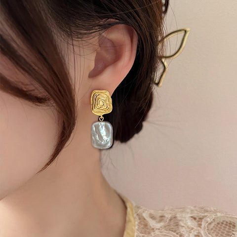 Baroque Rectangle Natural Freshwater Pearl Spiral Gold Dangle Earrings Boho Jewelry AL886