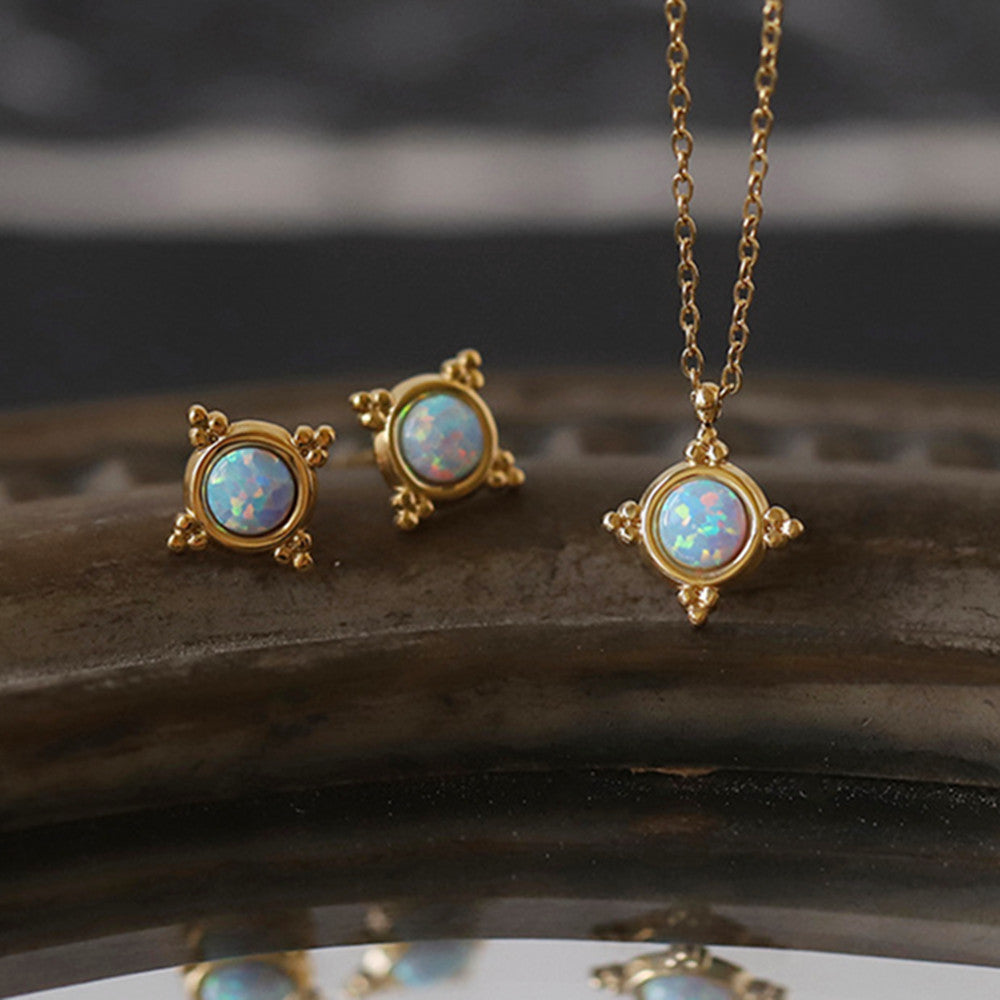 gold blue opal earrings, opal neckalces, titanium stainless steel jewelry