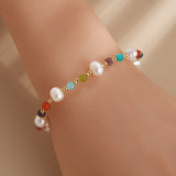 Bohemian Freshwater Pearl & Rainbow Stones Faceted Beads Bracelet, Handmade Boho Jewelry AL734