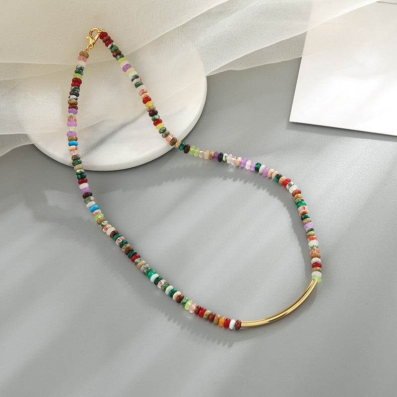 16" Bohemian Multi Natural Stones Beaded Necklace, Gold Tube, Handmade Boho Jewelry AL737