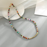 16" Bohemianal Multi Natural Stones Beaded Necklace, Gold Tube, Handmade Boho Jewelry AL737