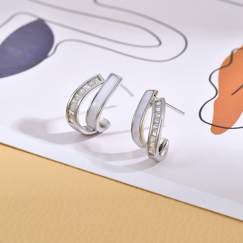 Double Layers Oil Drip CZ Stud Earrings, S925 Sterling Post, Fashion Summer Jewelry AL703