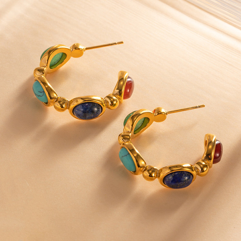 Unique Gold Rainbow Natural Stones Round Stud Earrings, Circle Titanium Steel Earrings Jewelry AL706