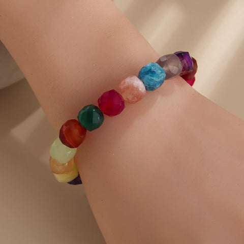 Bohemian Rainbow Agate Faceted Beads Bracelet, Handmade Boho Jewelry AL736
