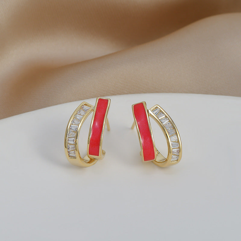 Double Layers Oil Drip CZ Stud Earrings, S925 Sterling Post, Fashion Summer Jewelry AL703