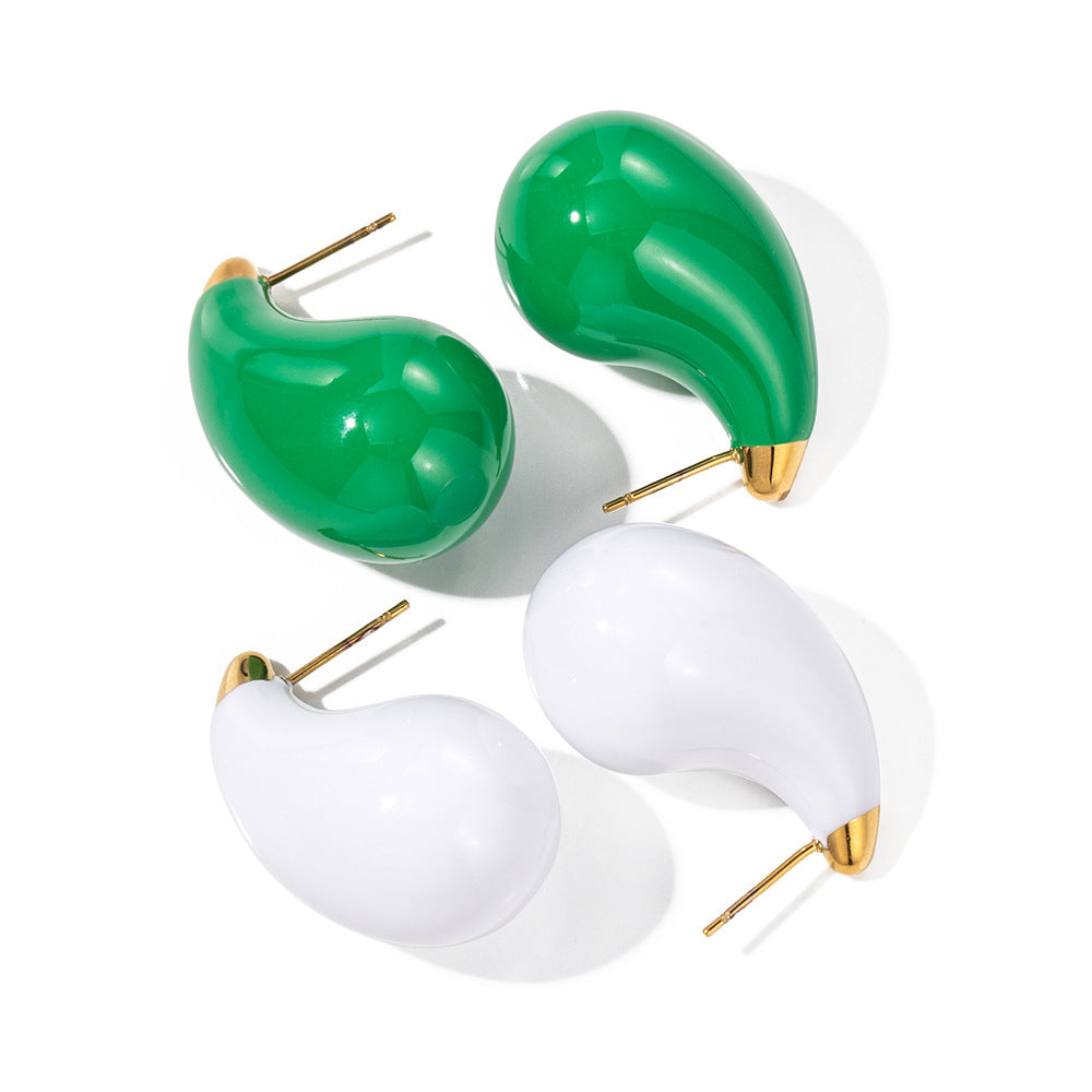 18K Gold Titanium Stainless Steel Drop Green White Earrings, Unique Jewelry AL666
