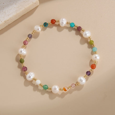Bohemian Freshwater Pearl & Rainbow Stones Faceted Beads Bracelet, Handmade Boho Jewelry AL734