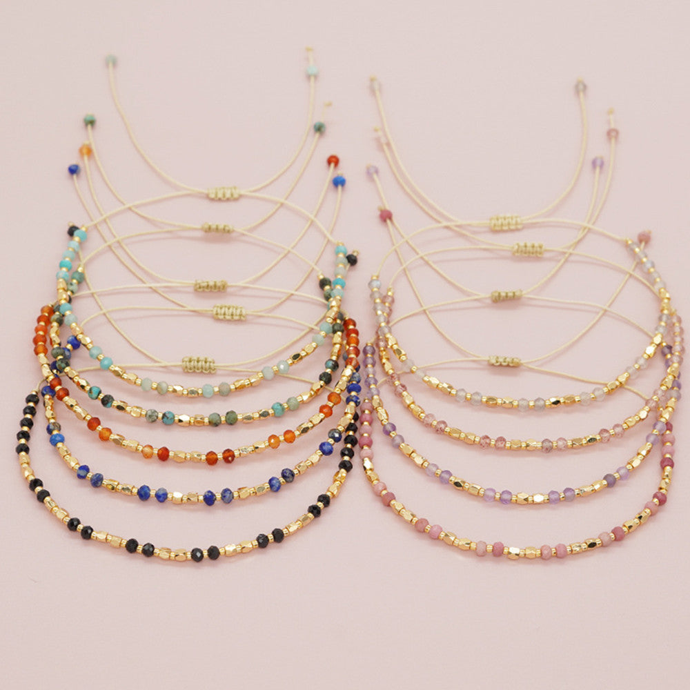 Bohemian Skinny Natural Stones & Miyuki Beads Bracelet, Adjustable, 2.5~3mm Faceted Quartz, Handmade Boho Jewelry AL738